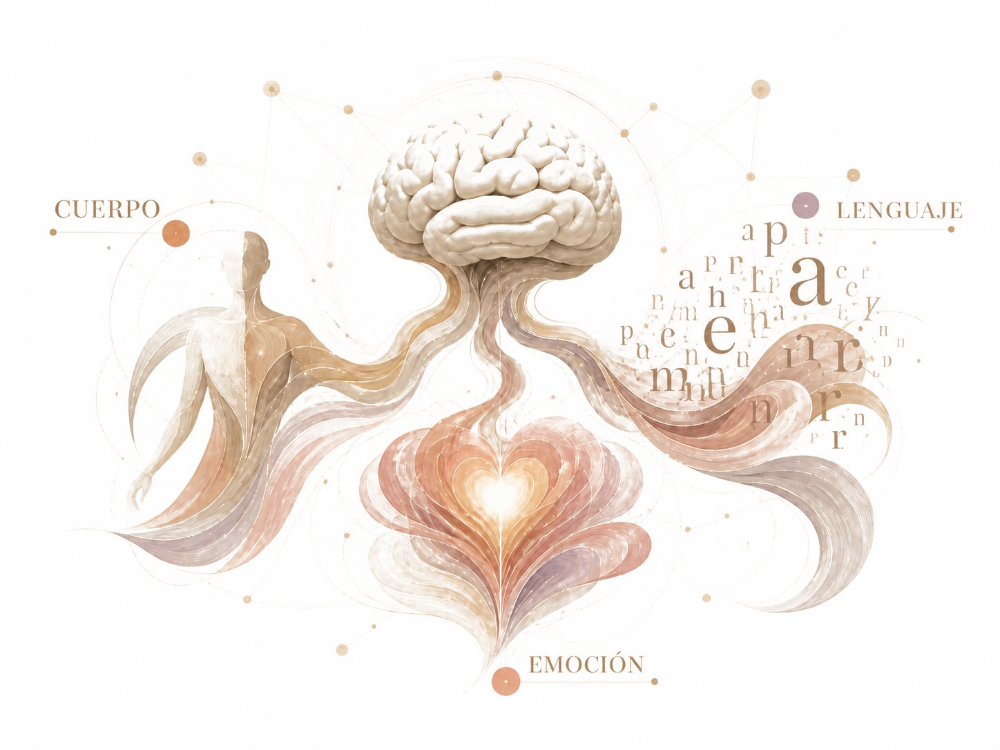 Ilustración editorial: cerebro integrando cuerpo, emoción y lenguaje
